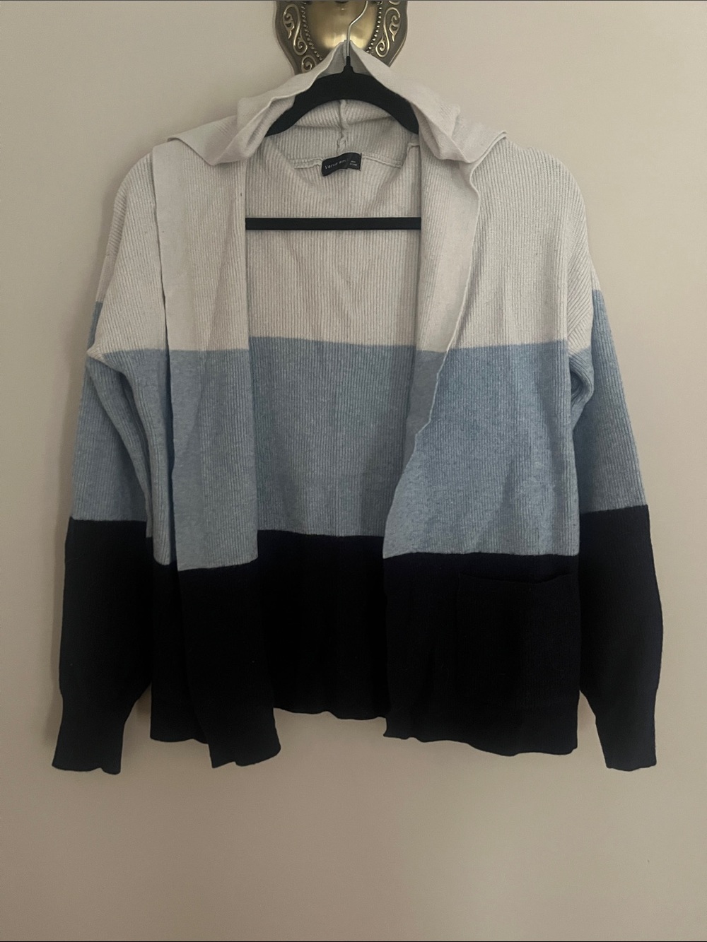 Women's Colorblock Hooded Cardigan Sweater - Light Blue, White & Black